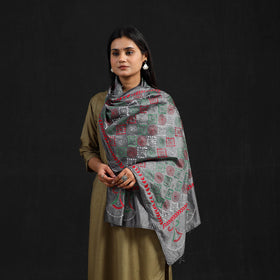 Grey - handloom tussar silk bengal kantha work stole 59