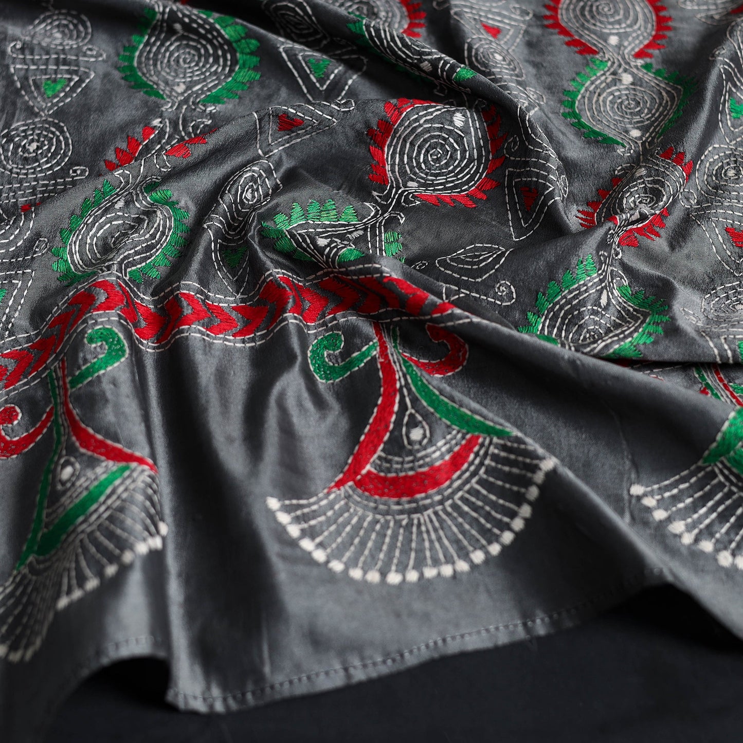 Grey - handloom tussar silk bengal kantha work stole 61