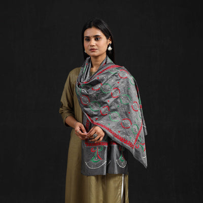 Grey - handloom tussar silk bengal kantha work stole 61