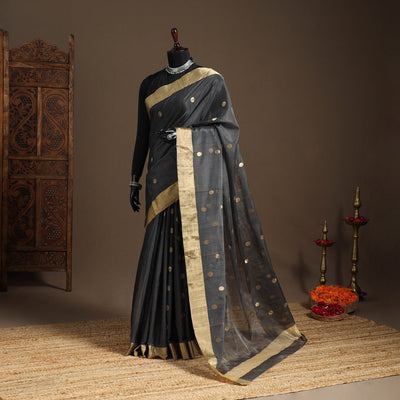 Grey - handloom zari work chanderi silk saree 16