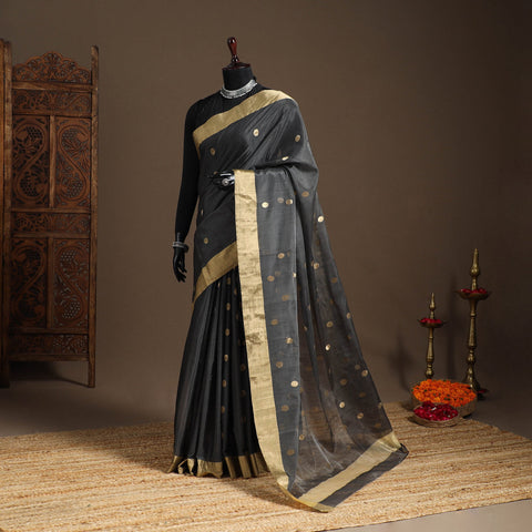 Grey - handloom zari work chanderi silk saree 16