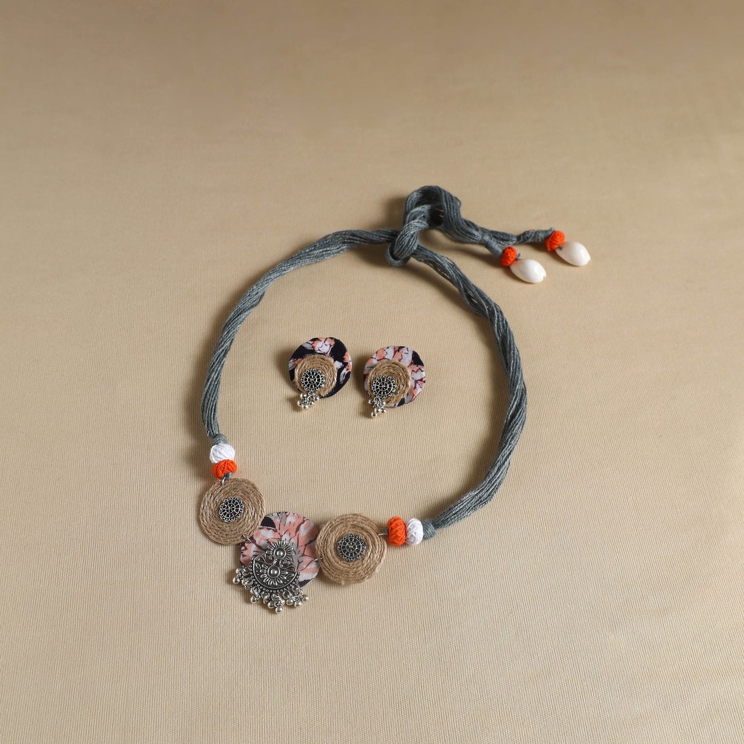 Grey - handmade gs jute fabart necklace set 13 - handcrafted
