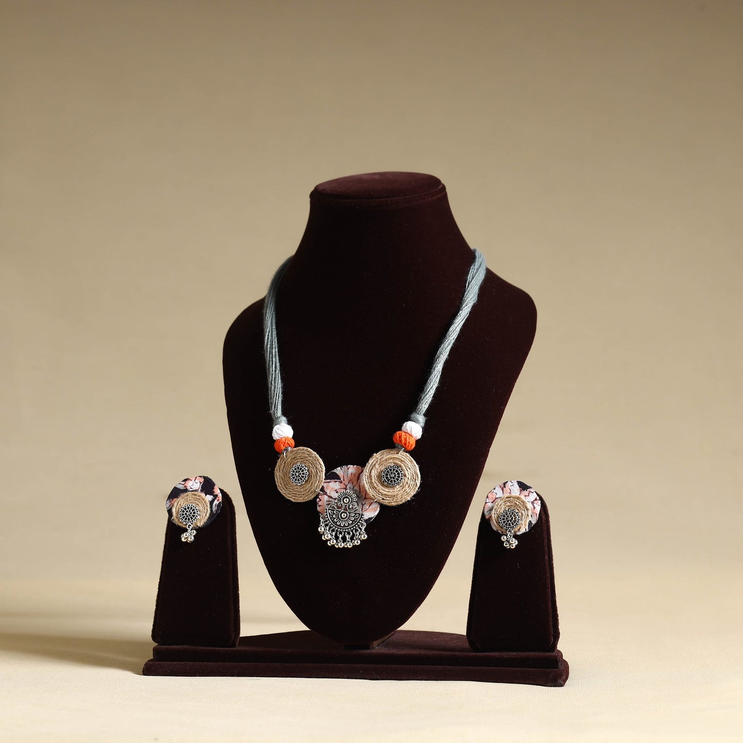 Grey - handmade gs jute fabart necklace set 13 - handcrafted