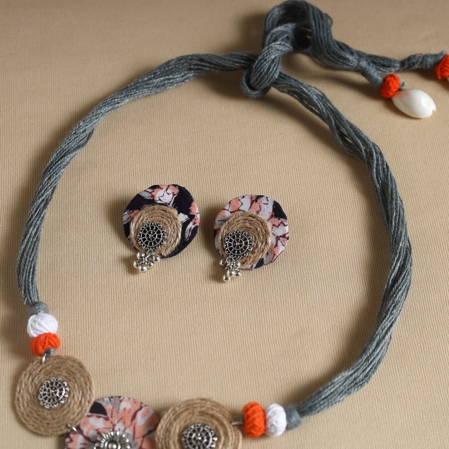 Grey - handmade gs jute fabart necklace set 13 - handcrafted