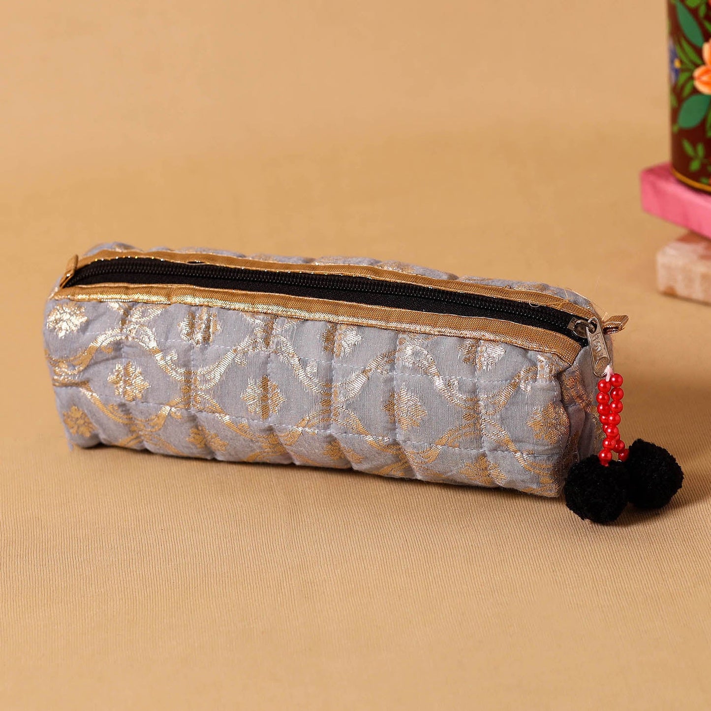 Grey Handmade Quilted Pencil Pouch