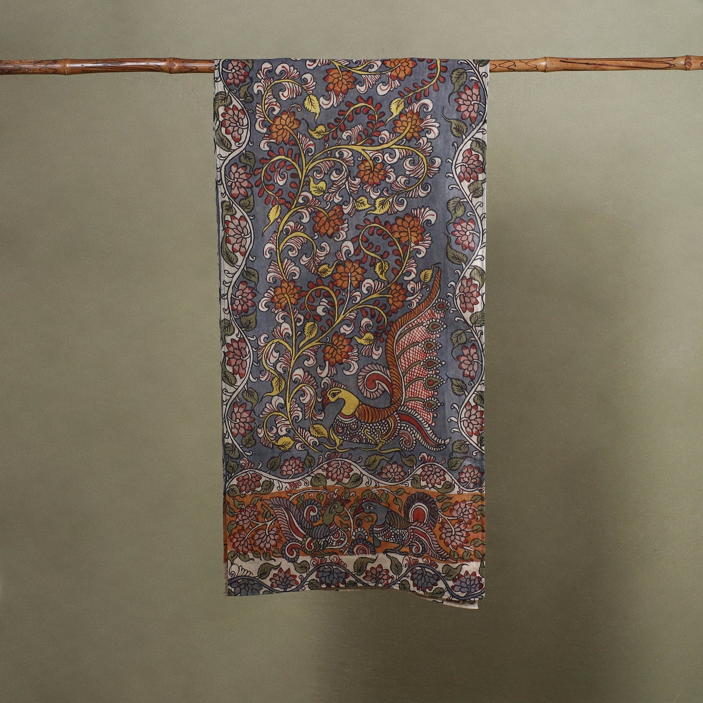 Grey Handpainted Cotton Kalamkari Stole