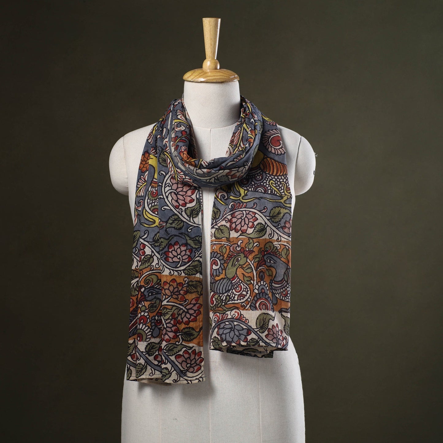 Grey Handpainted Cotton Kalamkari Stole