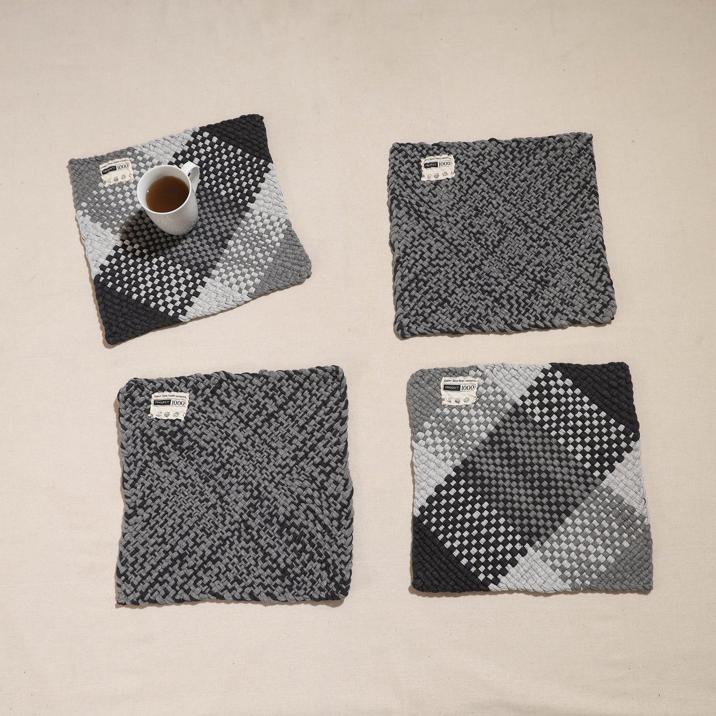  Grey Crochet Work Upcycled Cotton Square Placemat
