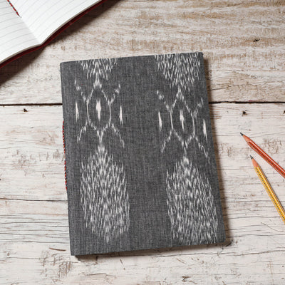 Grey - Ikat Fabric Cover Handmade Paper Notebook (9 x 7 in)
