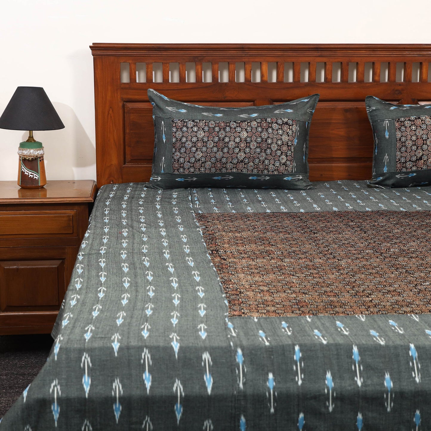 Grey - ikat with modal silk patch cotton bedsheet set 37