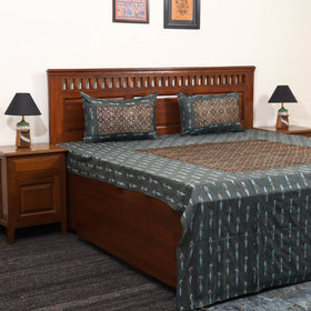 Grey - ikat with modal silk patch cotton bedsheet set 37