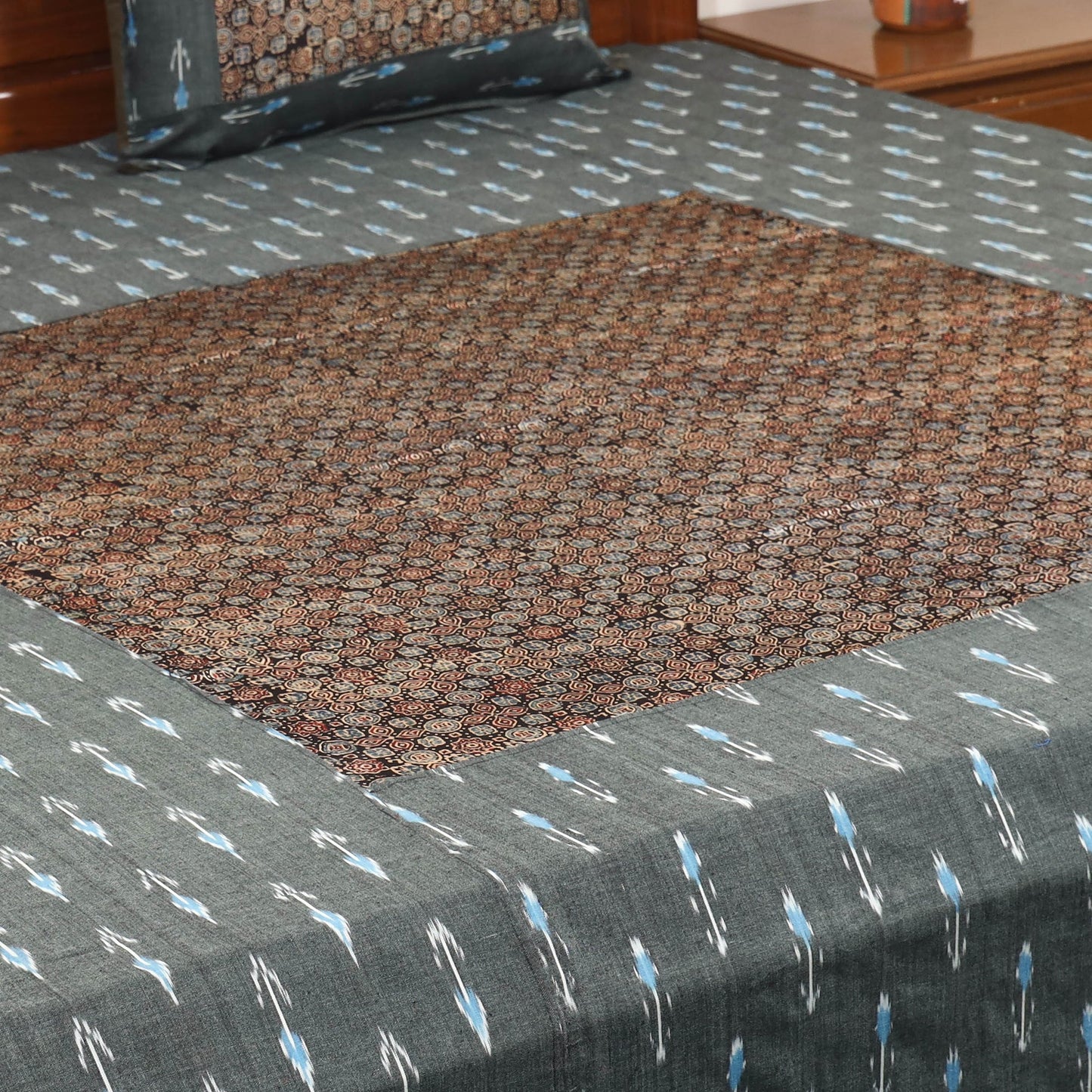 Grey - ikat with modal silk patch cotton bedsheet set 37