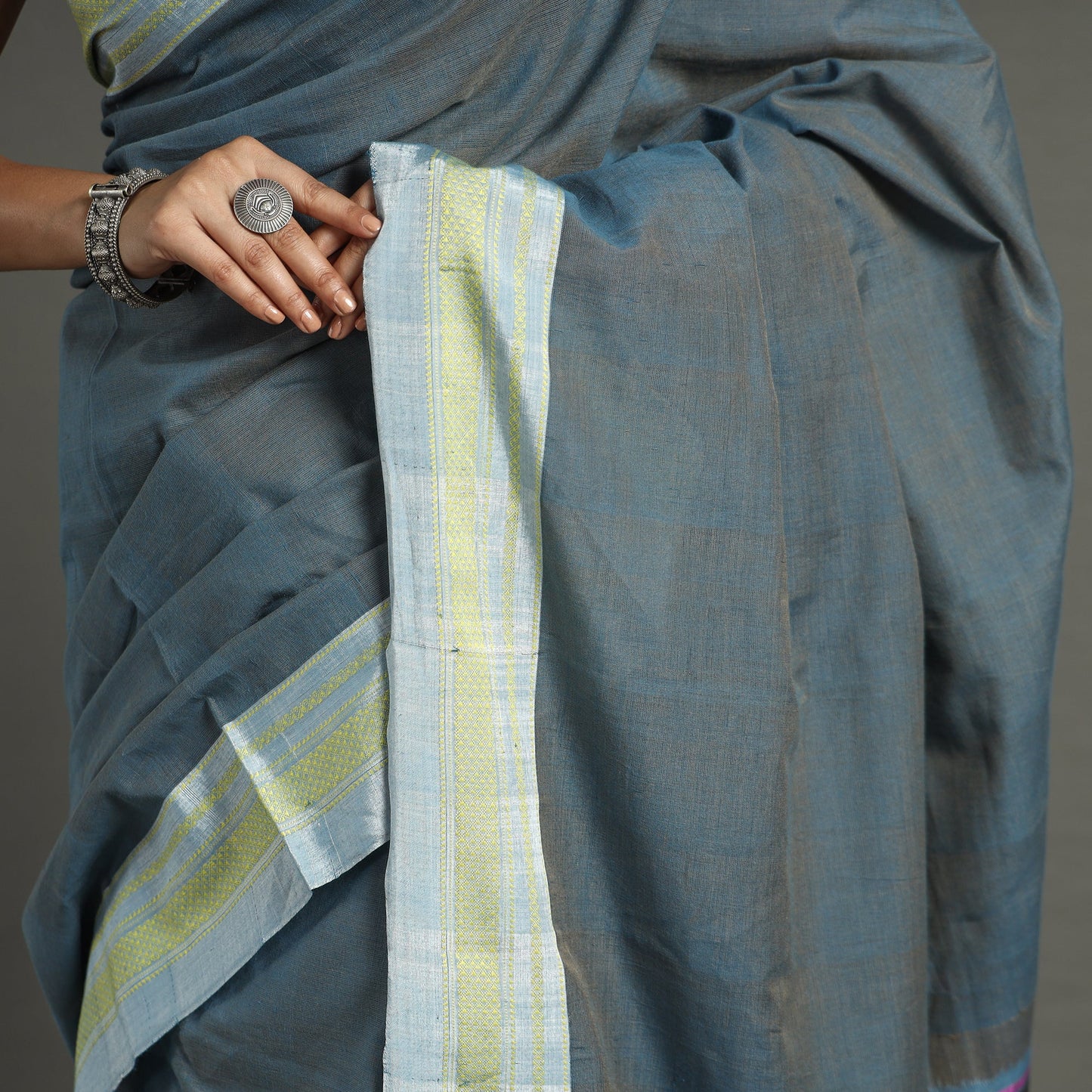 Grey - ilkal handloom cotton saree with chikki paras border