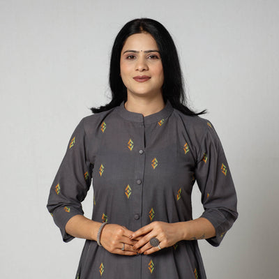 Grey - Jacquard Cotton Long Kurta