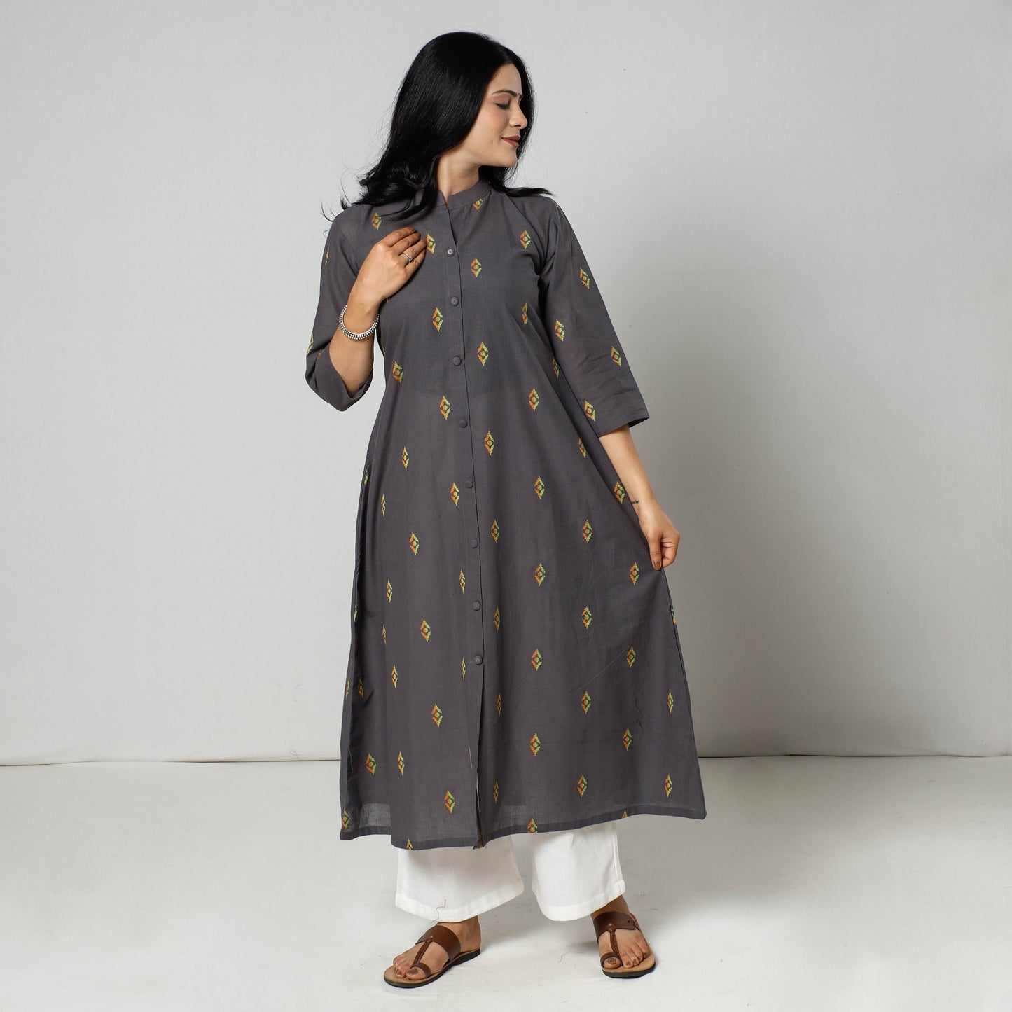 Grey - Jacquard Cotton Long Kurta