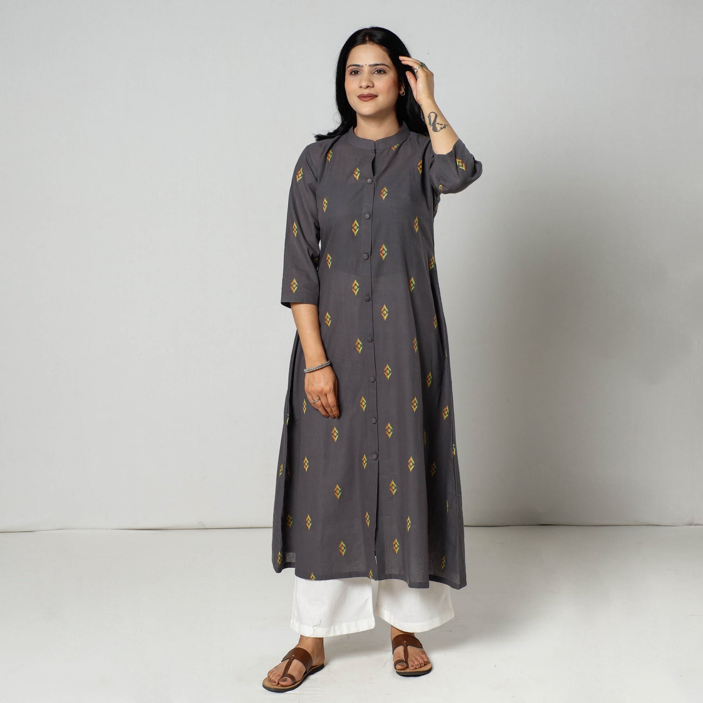 Grey - Jacquard Cotton Long Kurta