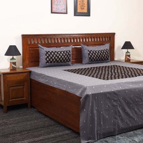 Grey Jacquard with Ajrakh Modal Silk Patch Cotton Bedsheet Set