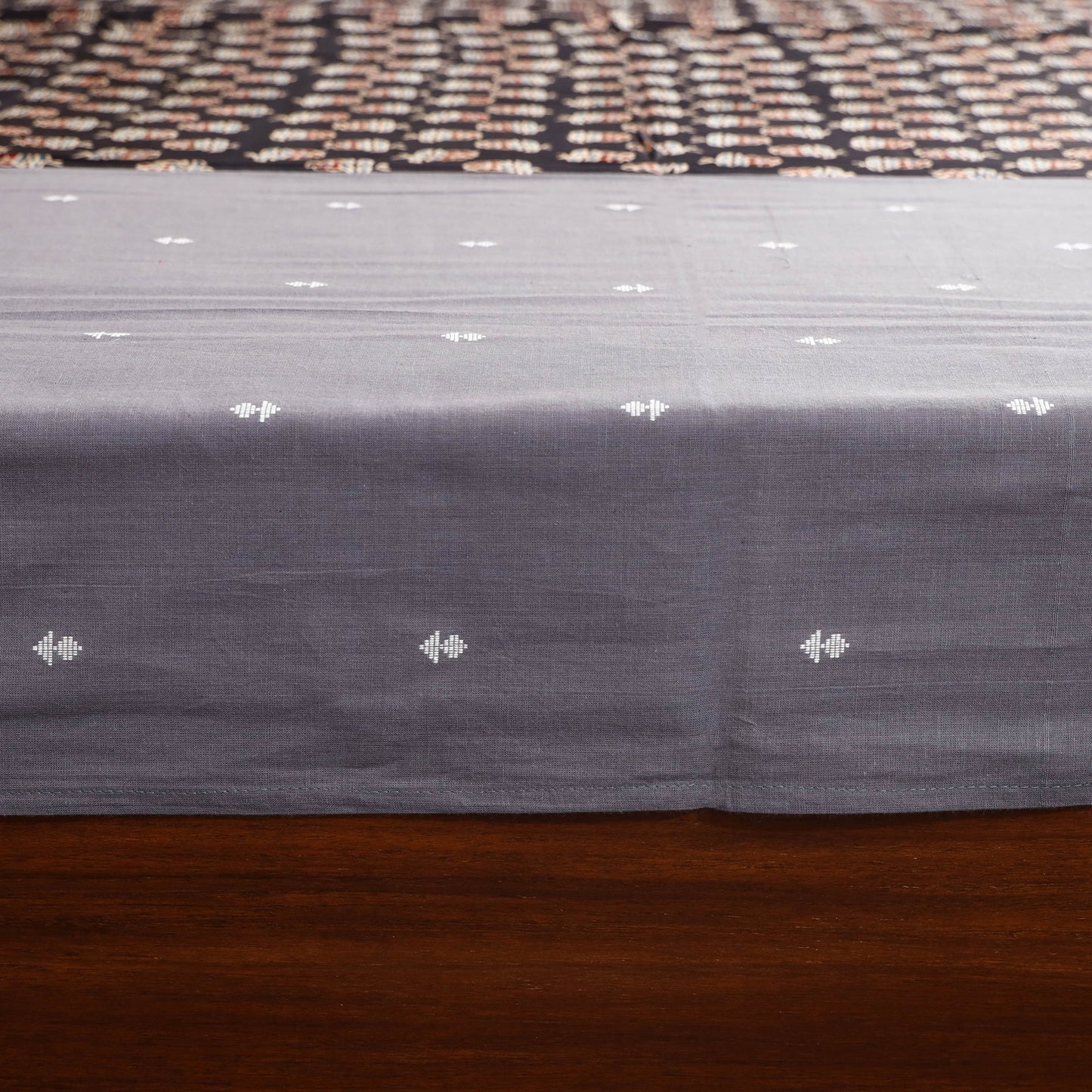 Grey Jacquard with Ajrakh Modal Silk Patch Cotton Bedsheet Set