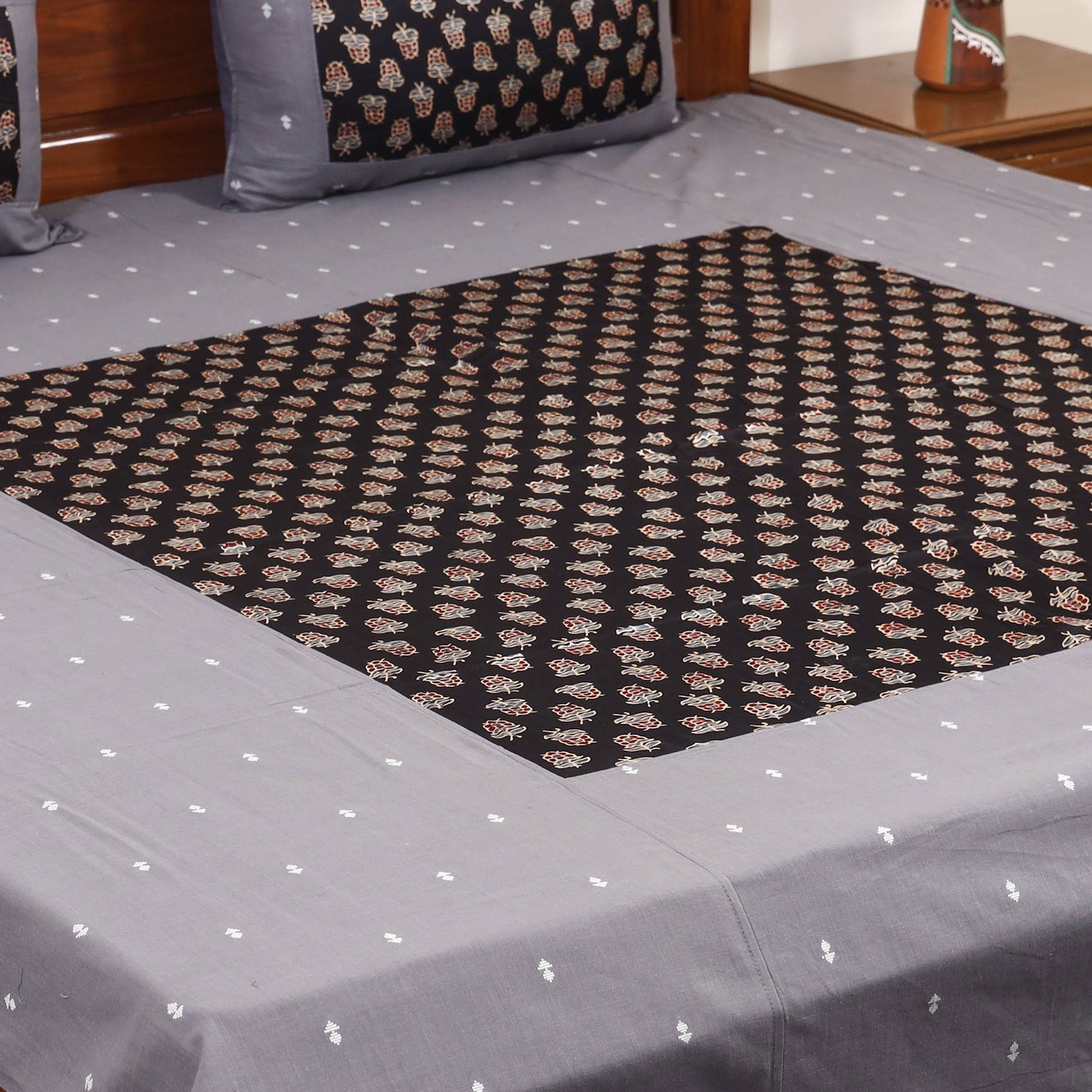 Grey Jacquard with Ajrakh Modal Silk Patch Cotton Bedsheet Set