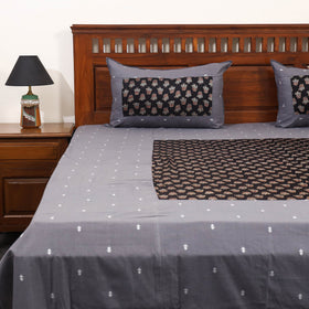 Grey Jacquard with Ajrakh Modal Silk Patch Cotton Bedsheet Set