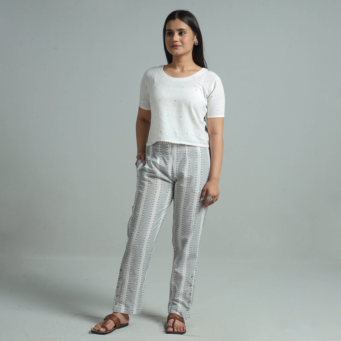 Grey - Jacquard Weave Cotton Elasticated Pant 07