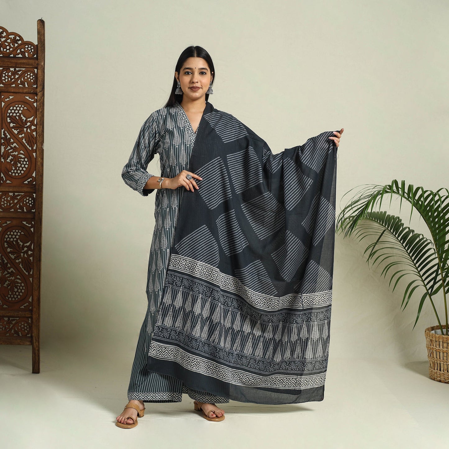 Grey - jaipur cotton kurta set 04 - handcrafted