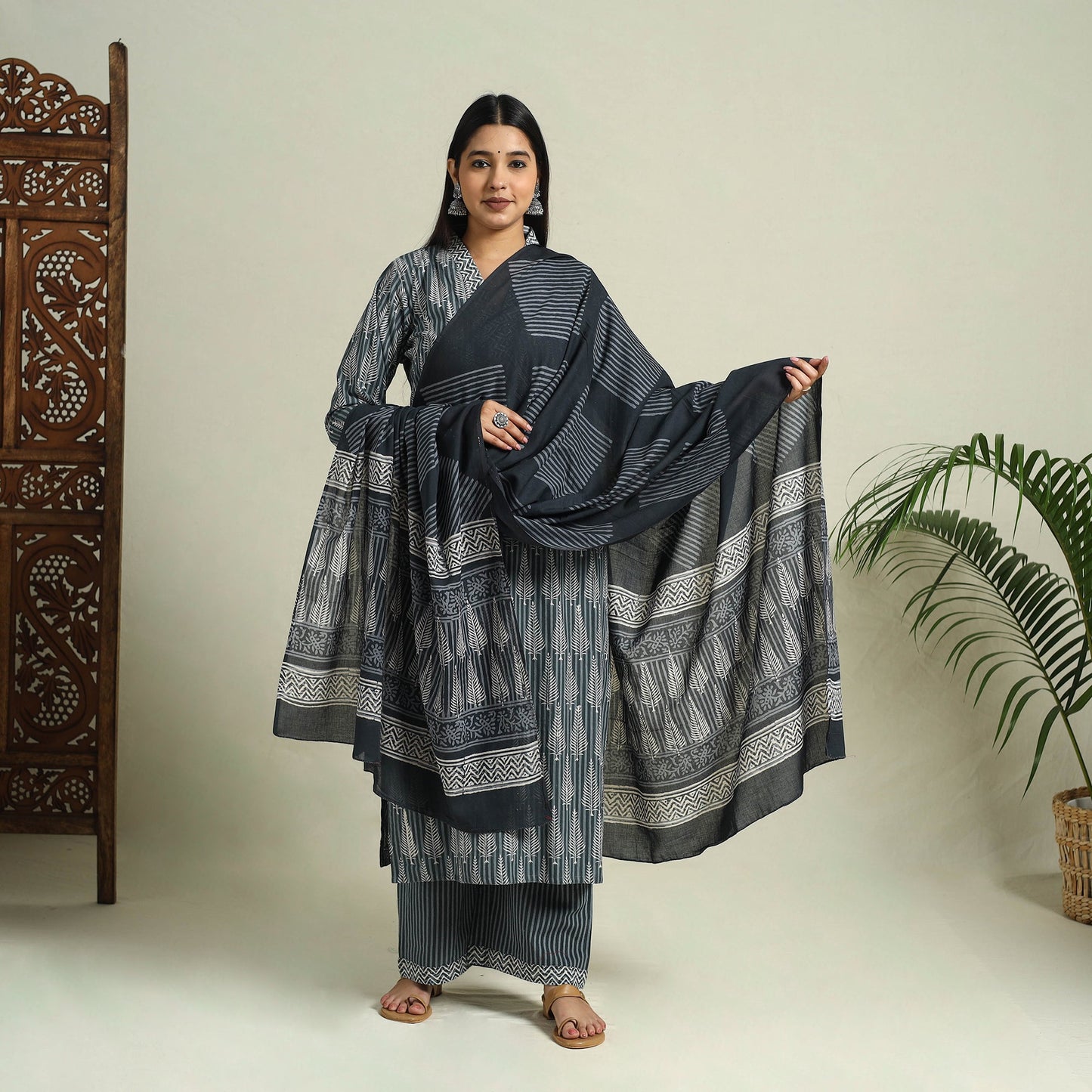 Grey - jaipur cotton kurta set 04 - handcrafted