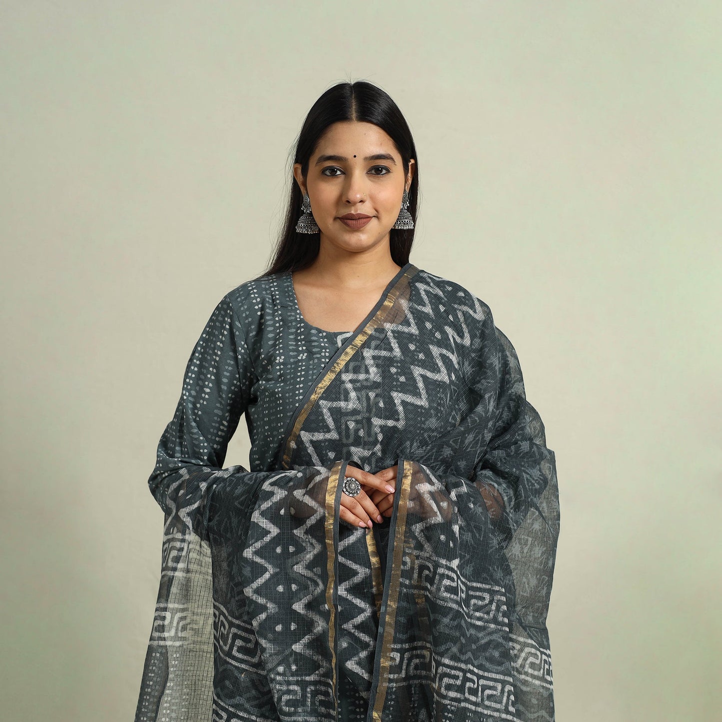  Grey Jaipur Print Cotton Kurta Set