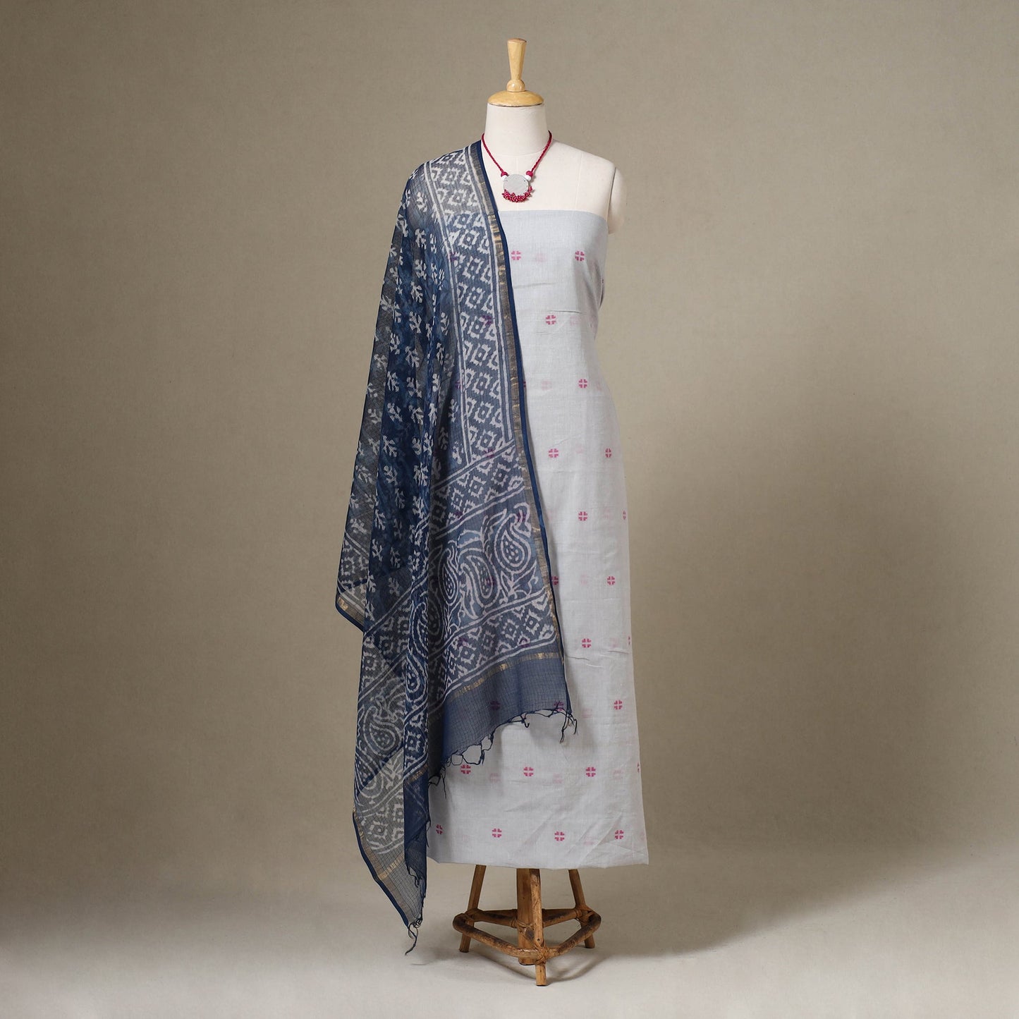 Grey Jamdani Cotton Dress Material with Jewellery Set