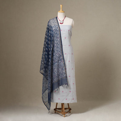 Grey Jamdani Cotton Dress Material with Jewellery Set