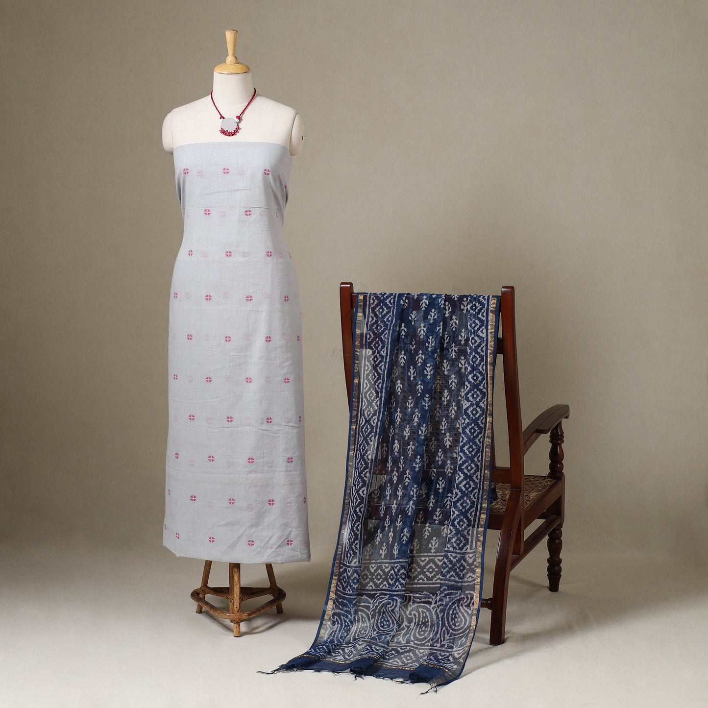 Grey Jamdani Cotton Dress Material with Jewellery Set