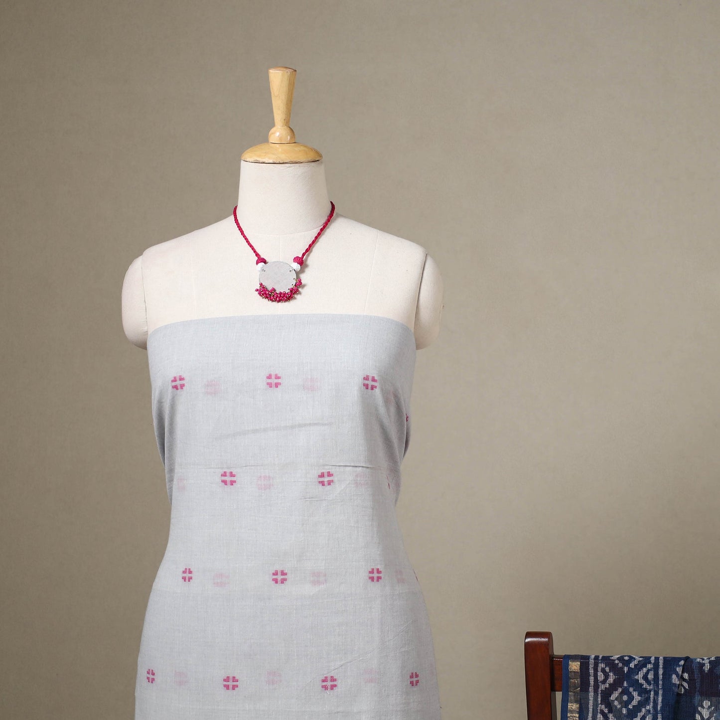 Grey Jamdani Cotton Dress Material with Jewellery Set