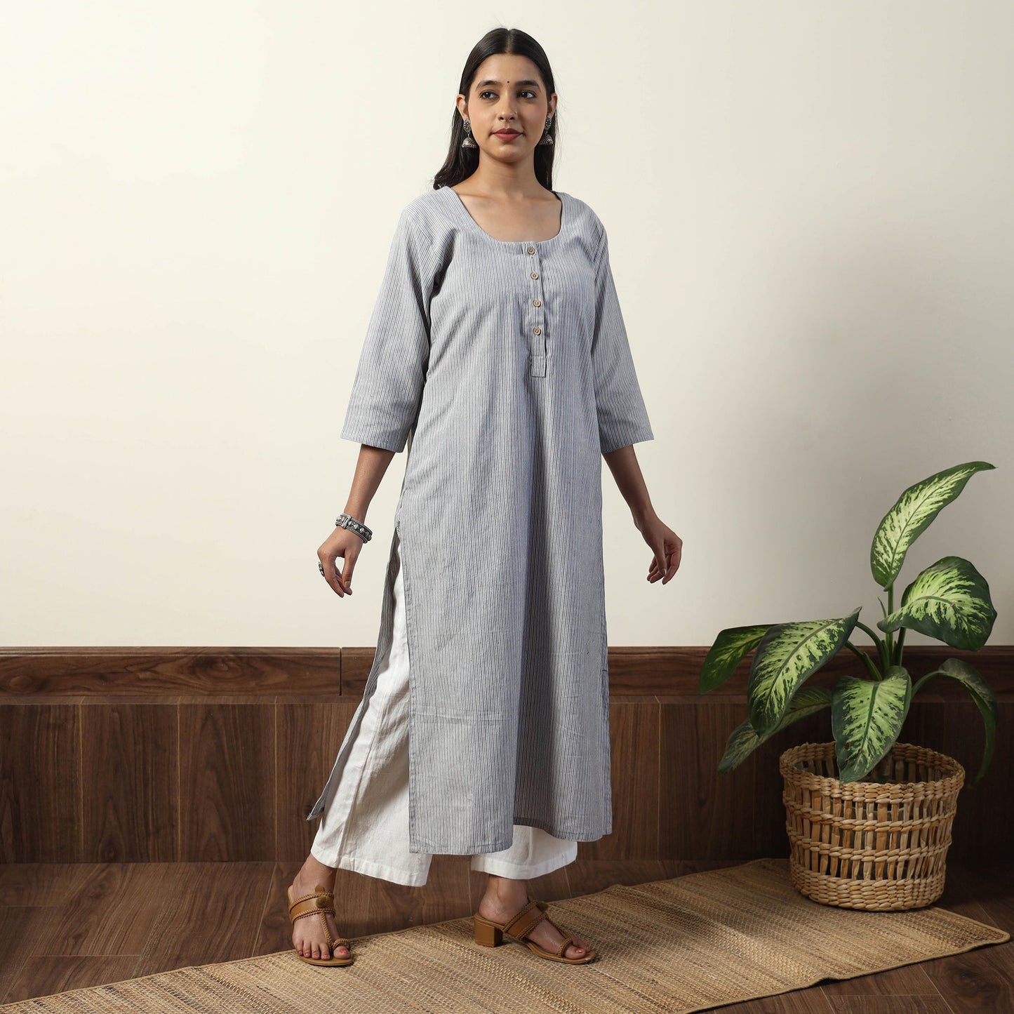   Jhiri Handloom Cotton Straight Long Kurta 