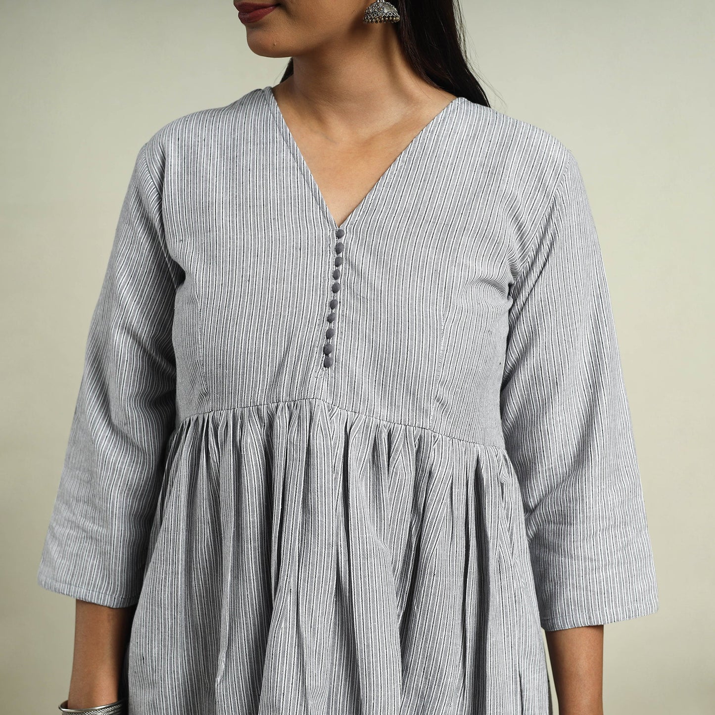 Buy Grey Jhiri Handloom Flared Cotton Kurta for Women
