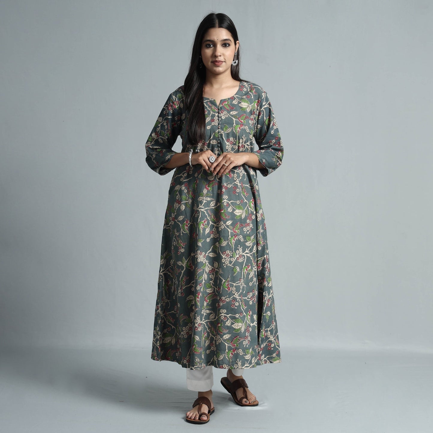 Grey - kalamkari printed cotton kurta - handcrafted