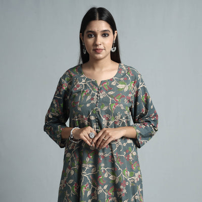 Grey - kalamkari printed cotton kurta - handcrafted