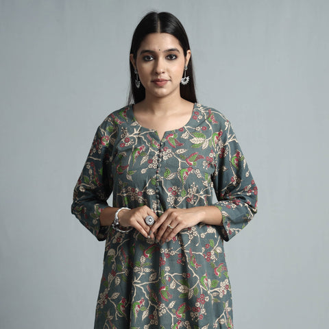 Grey - kalamkari printed cotton kurta - handcrafted