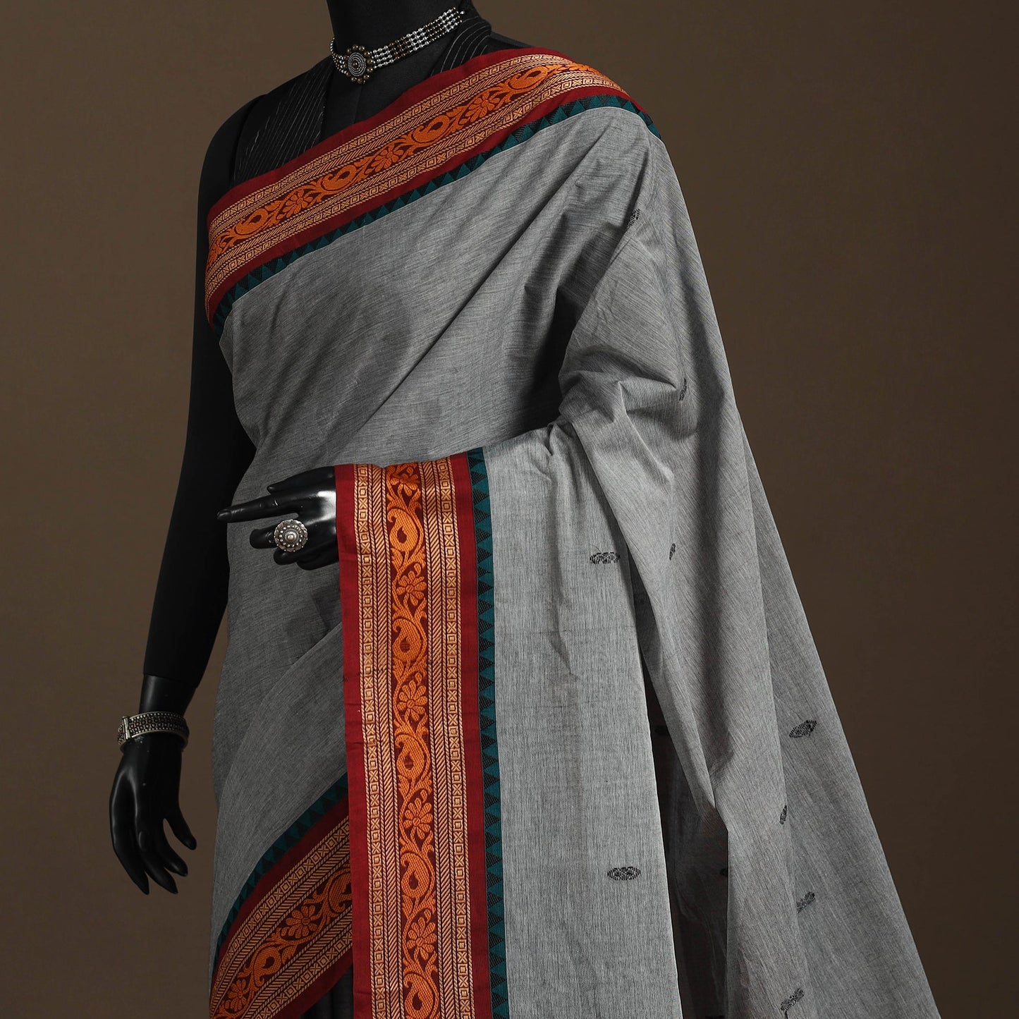 Grey - kandangi buti chettinad cotton saree with border 01