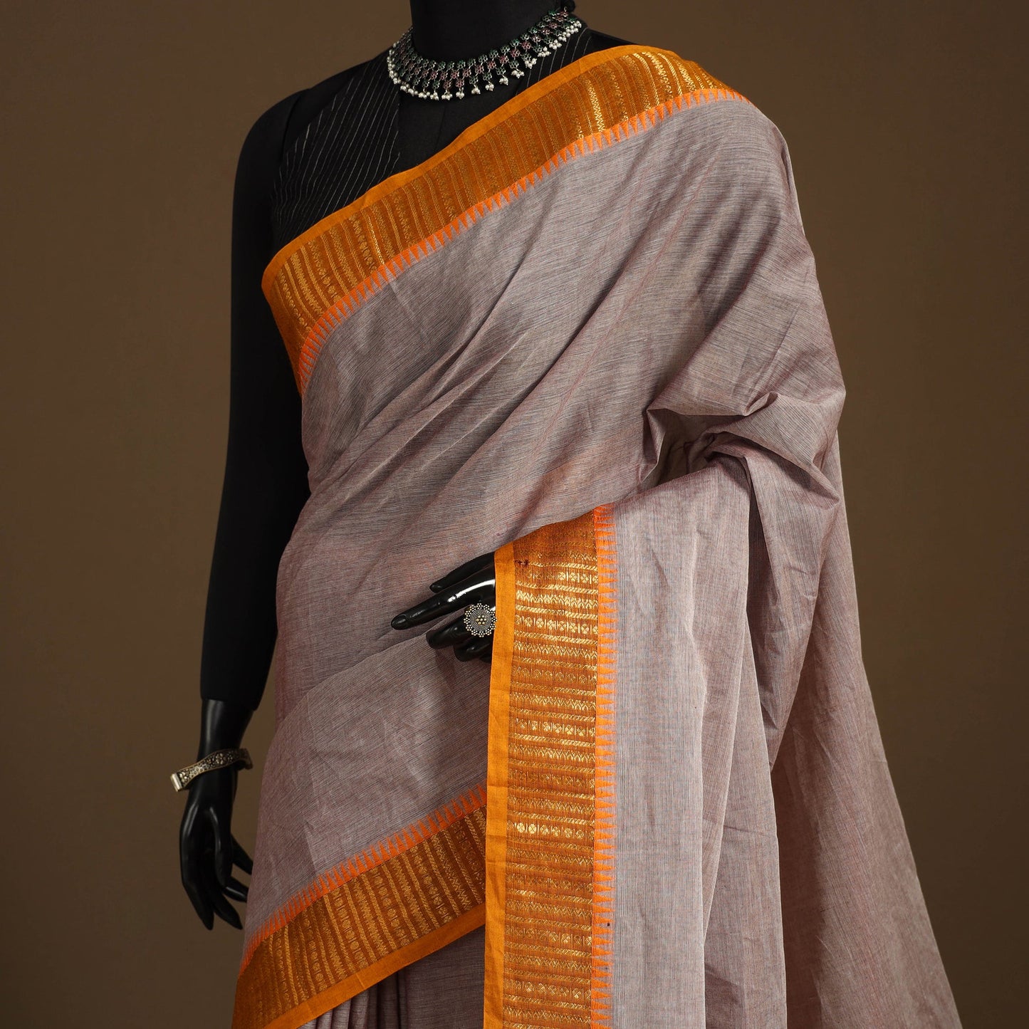Grey Kandangi Chettinad Cotton Saree with Border