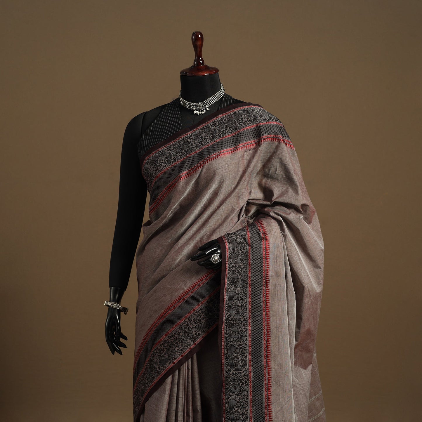 Grey Kandangi Chettinad Cotton Saree with Border
