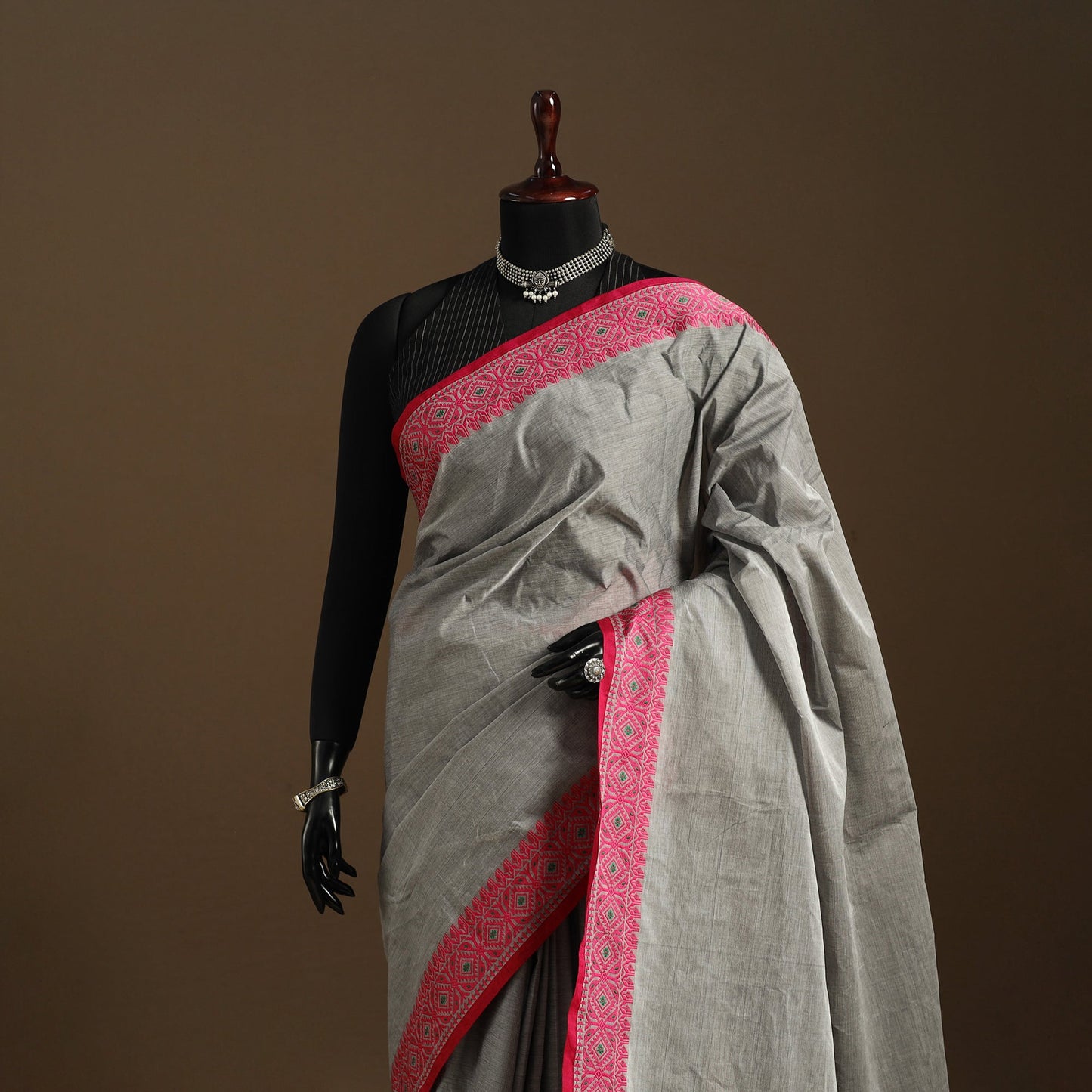 Grey Kandangi Chettinad Cotton Saree with Border