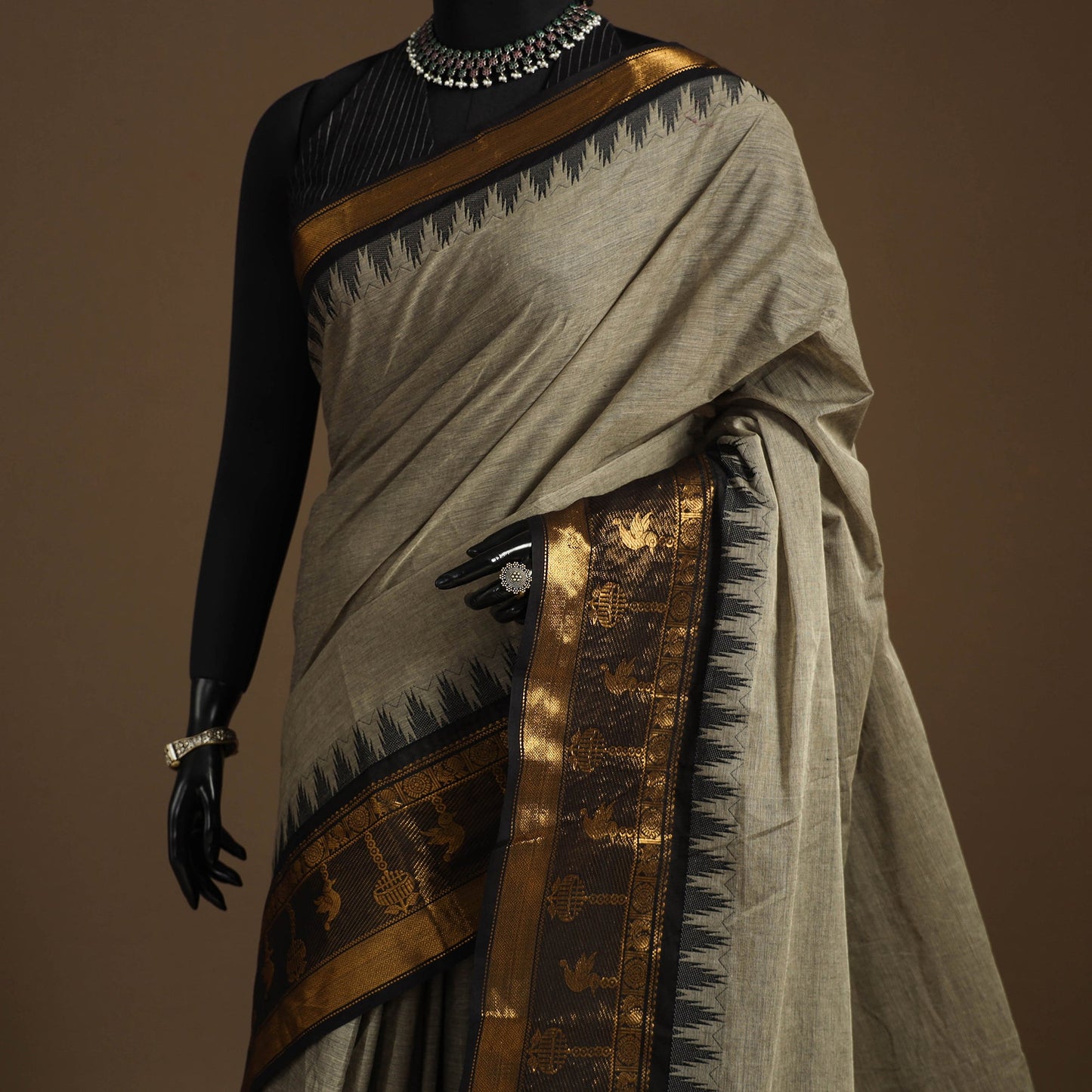 Grey Kandangi Chettinad Cotton Saree with Border