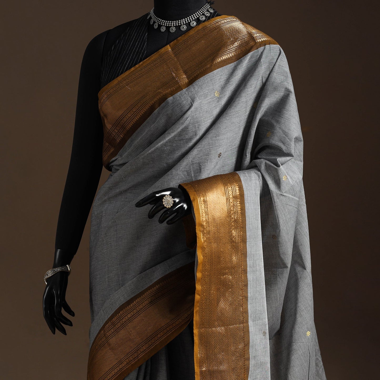 Grey Kandangi Chettinad Cotton Saree with Zari Border