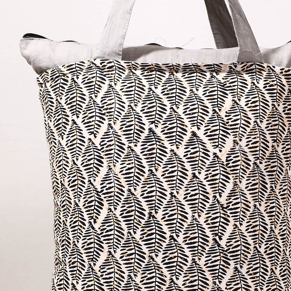 Grey - Kantha Work Block Print Cotton Shopping Bag