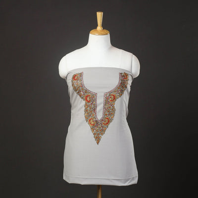  Grey Kashida Hand Embroidery Cotton Kurta Material