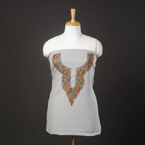  Grey Kashida Hand Embroidery Cotton Kurta Material