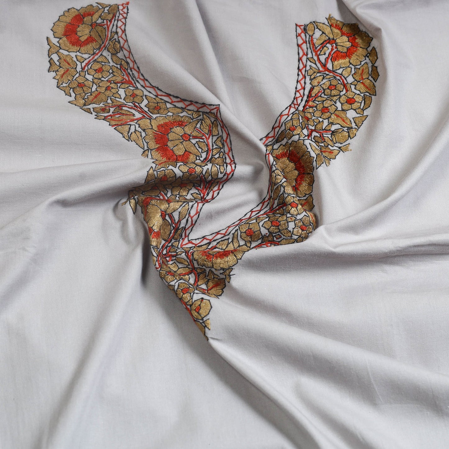  Grey Kashida Hand Embroidery Cotton Kurta Material