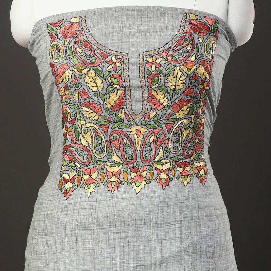 Grey - kashida hand embroidery cotton unstitched kurta