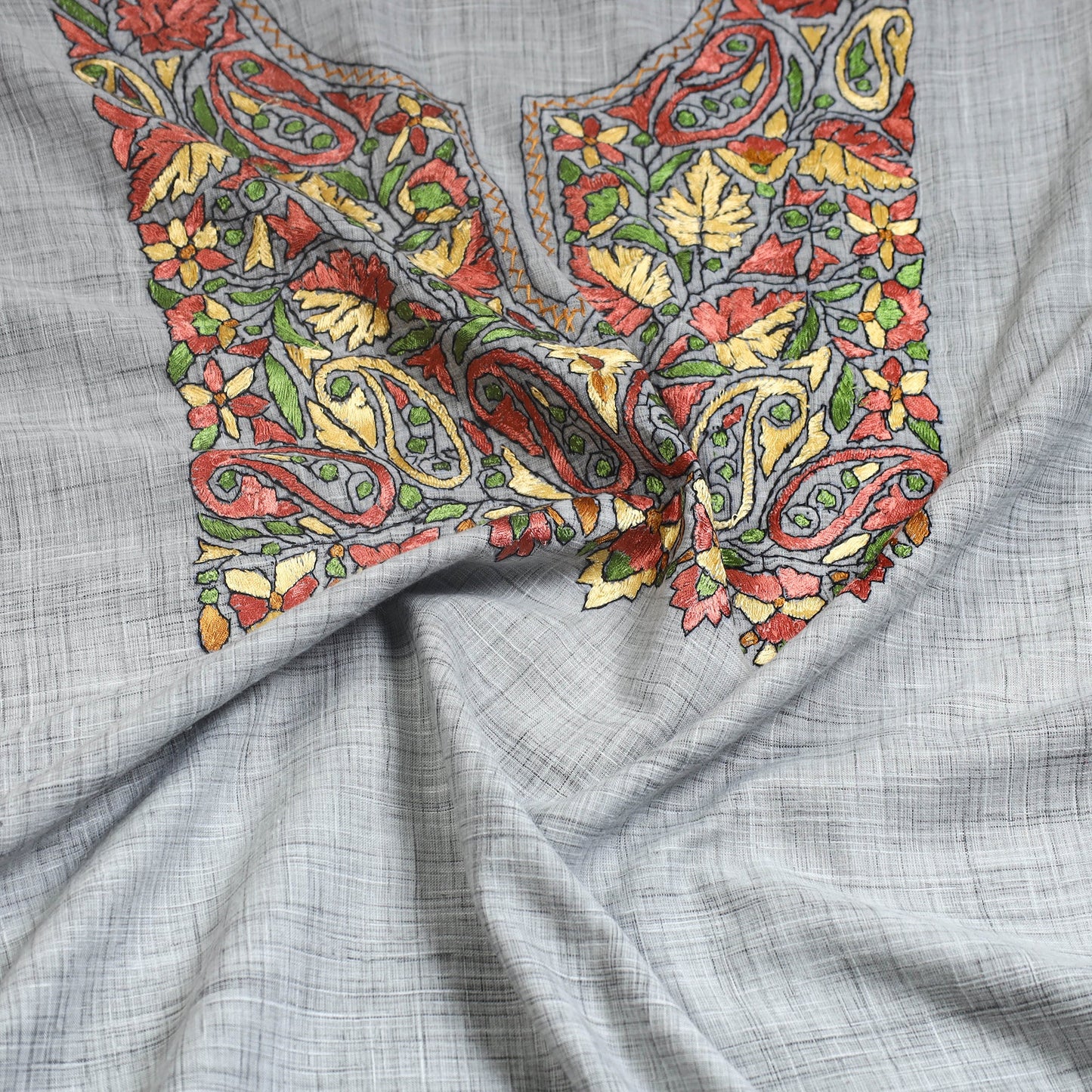 Grey - kashida hand embroidery cotton unstitched kurta