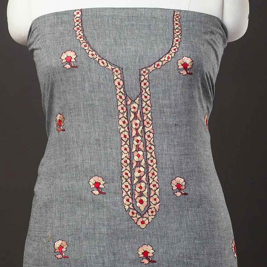 Grey - kashida hand embroidery cotton unstitched kurta
